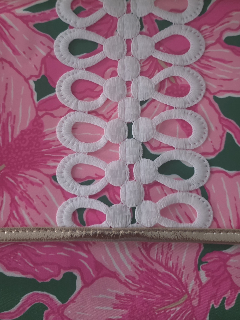 Lilly Pulitzer Pink Green Floral Clutch with White Lace Trim and Gold Accent